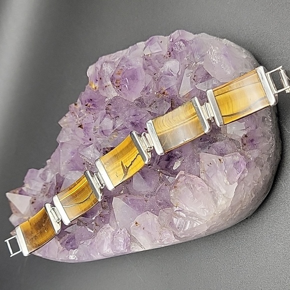 925 Sterling Silver Faceted Tigers Eye 5 Panel Mens Gemstone Bracelet Size 7 - Picture 13 of 14